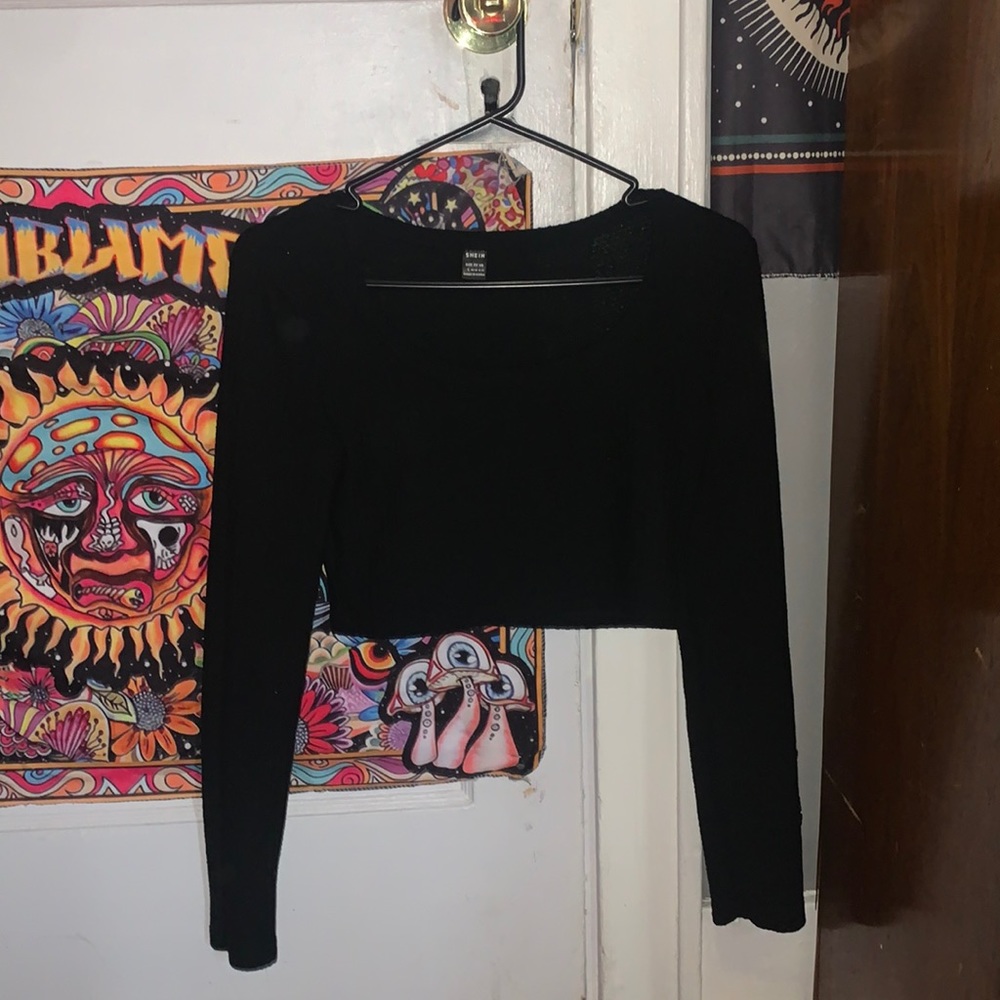 Black Waffle Knit Long Sleeve Crop Top